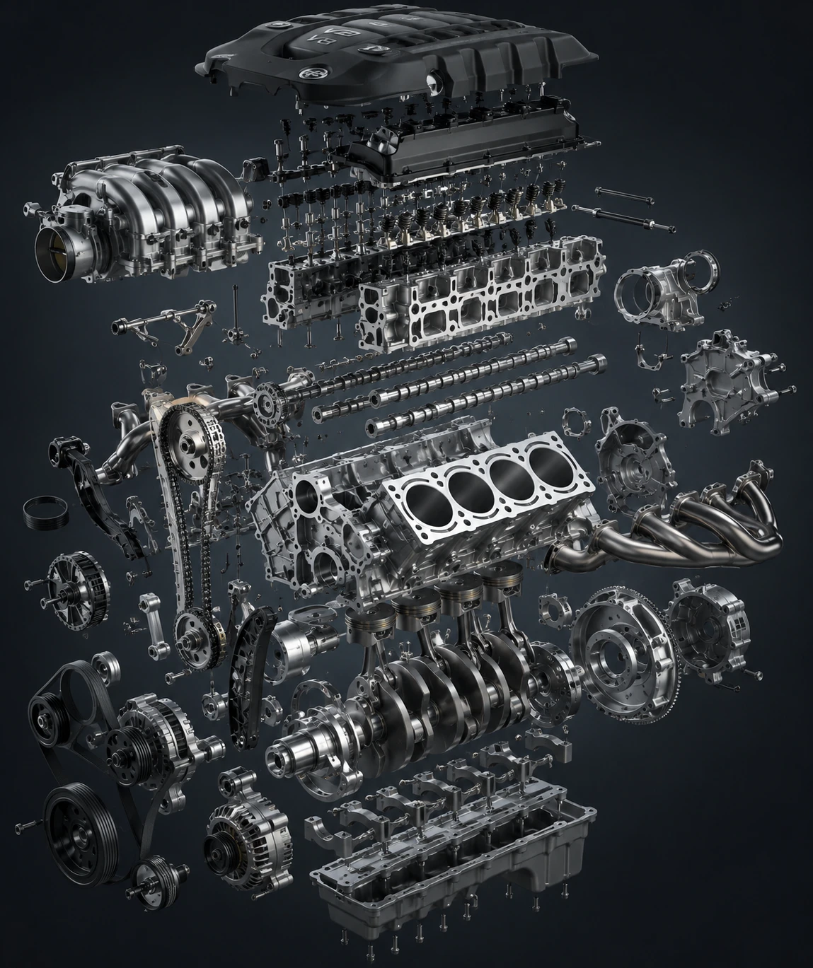 3D exploded car engine render